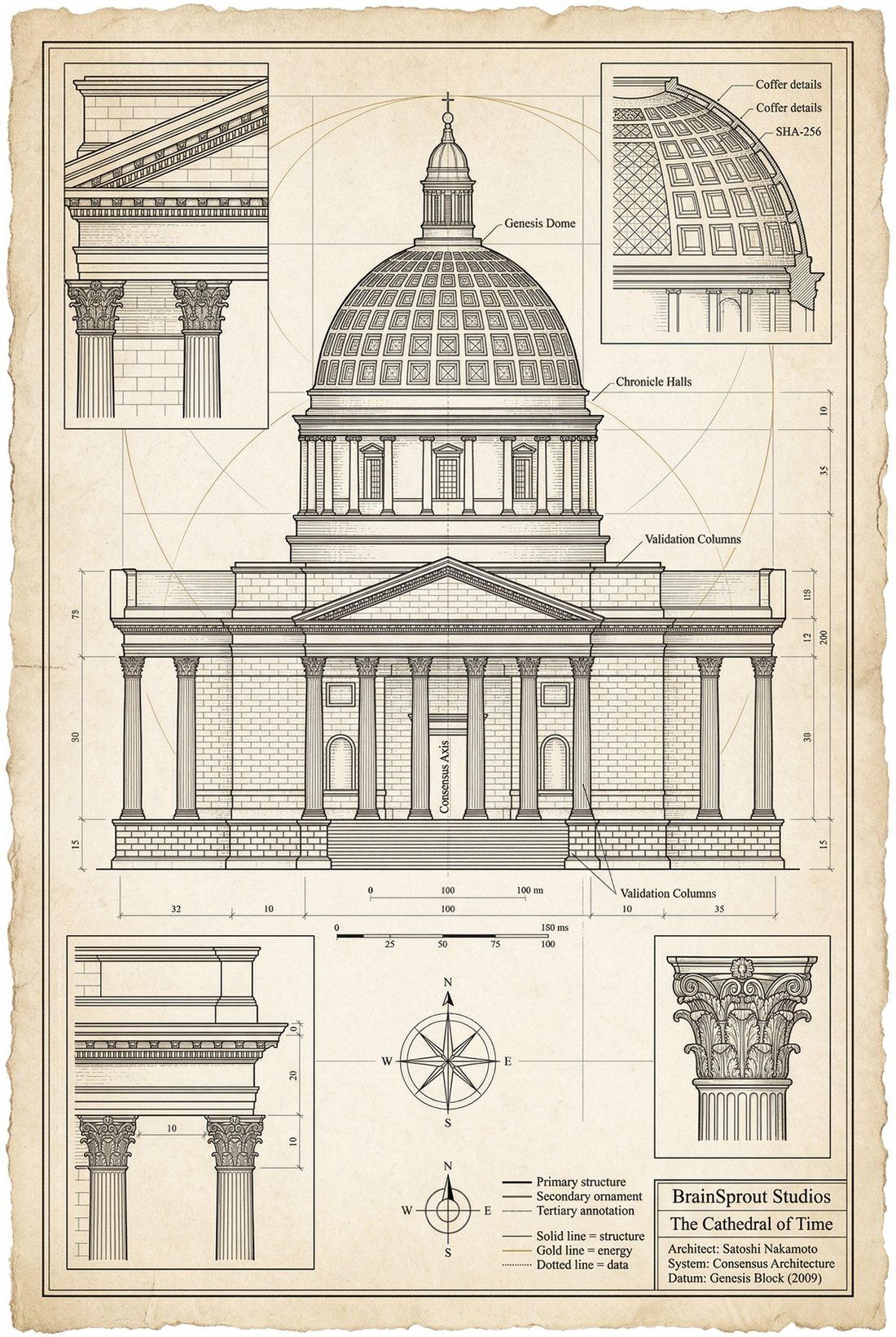 Plate 01 — Genesis Dome Elevation I. Cathedral facade, dome, validation columns, compass rose.