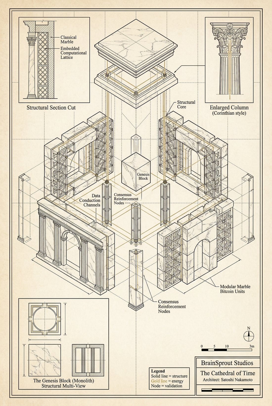Plate 03 — Structural Section Cut. Vertical section through the cathedral structure.
