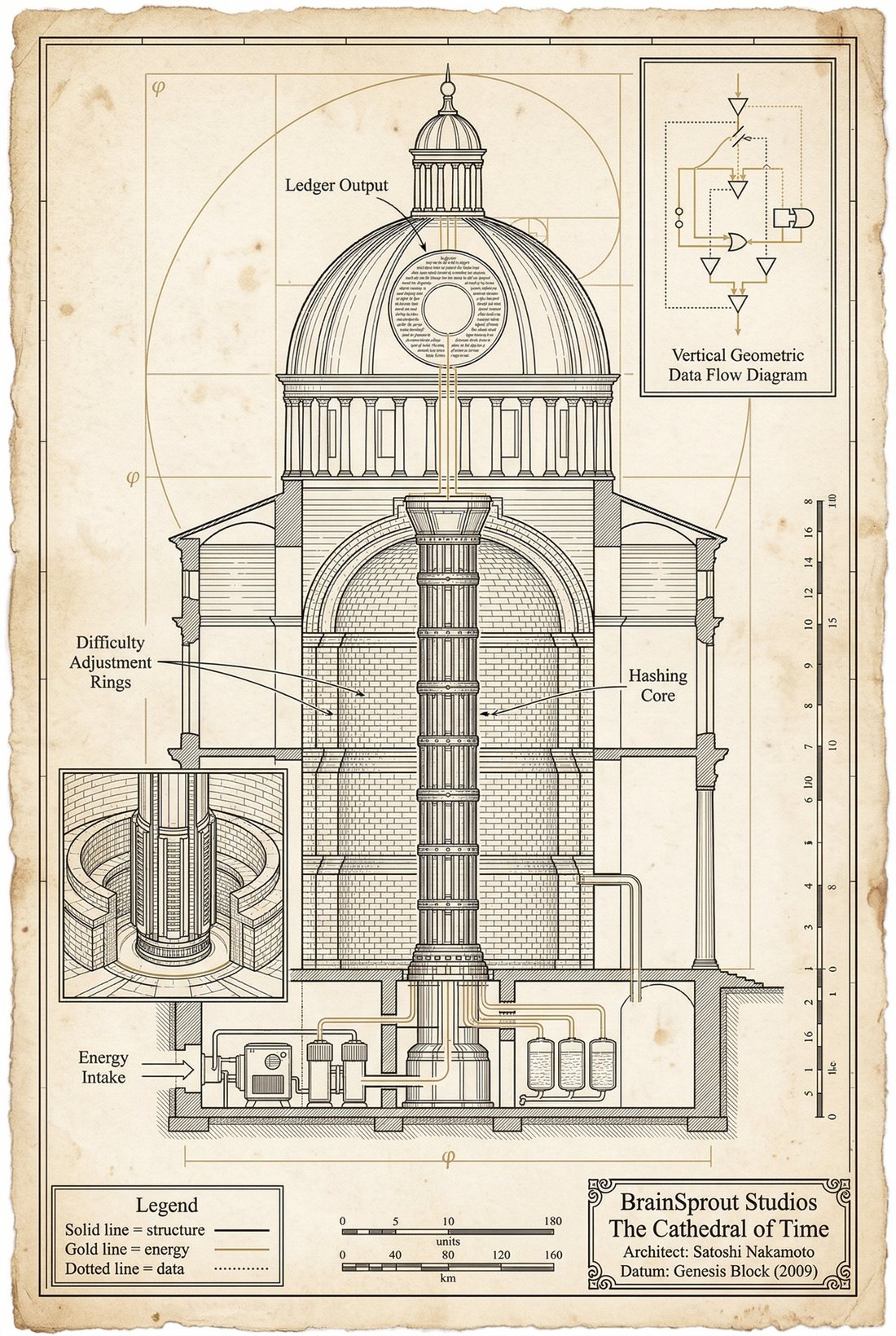Plate 04 — Transverse Section — Hashing Core. Cross-section showing the SHA-256 hashing core integration.