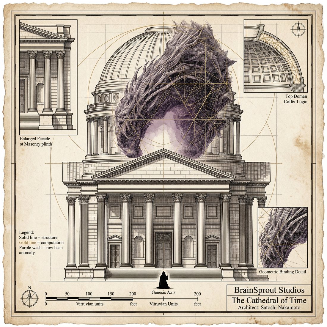 Plate 13 — Cronus Over Cathedral Elevation. Cronus hovering over the cathedral facade, golden spiral.
