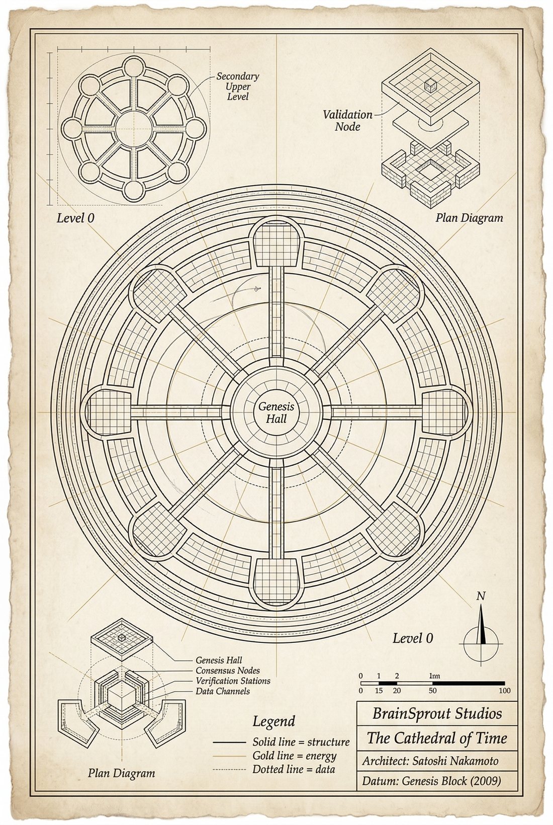Plate 19 — Dome Survey — Reflected Ceiling. Level 0 mandala plan: Genesis Hall, Consensus Nodes, Verification Stations.