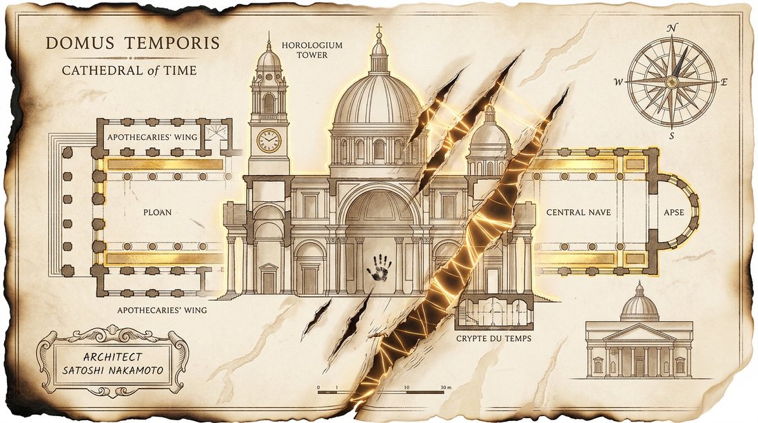 Plate 21 — Domus Temporis Cathedral Plan. Plan and facade with the Chronos Towers and the Crypte du Temps.