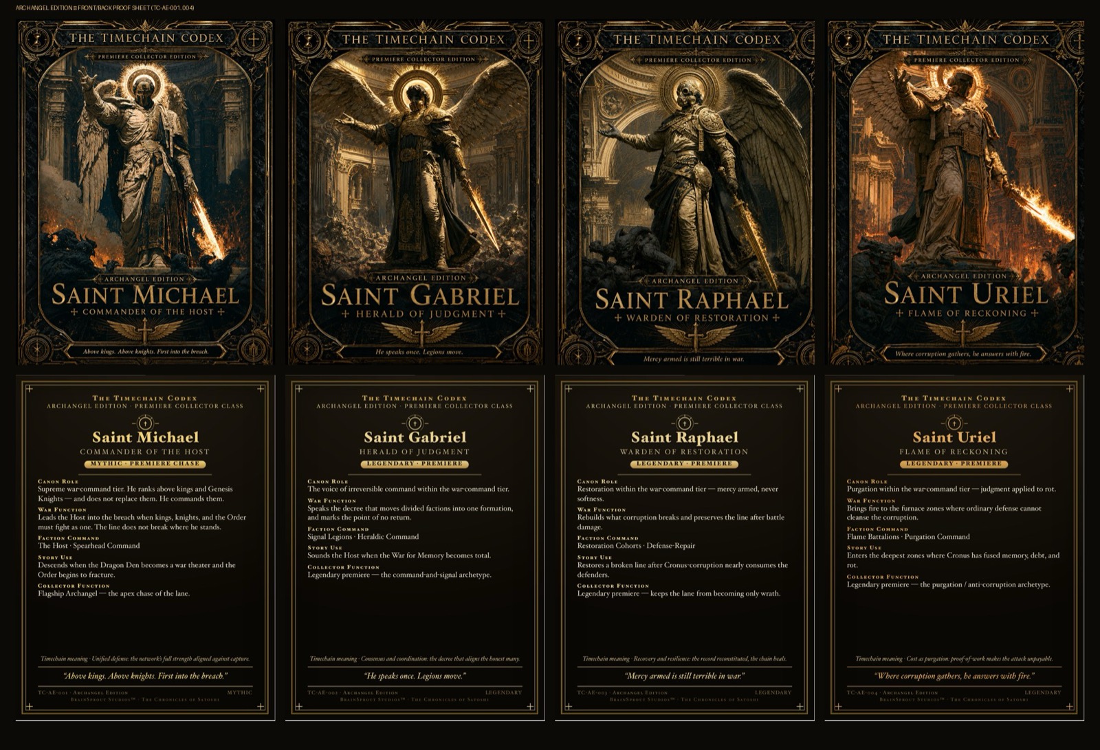 A proof sheet of illustrated Timechain Codex collectible cards