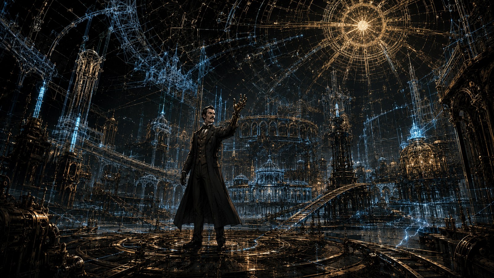 Tesla raises a hand beneath the wireframe dome — the Architect of Energy in the Timechain Universe.